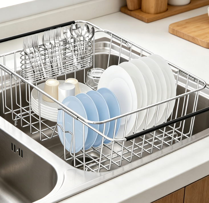 Large Telescopic In-Sink Dish Rack — Rust-Resistant Stainless Steel Dish & Bowl Organizer